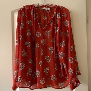 Loft Sheer Orange Blouse with floral accents